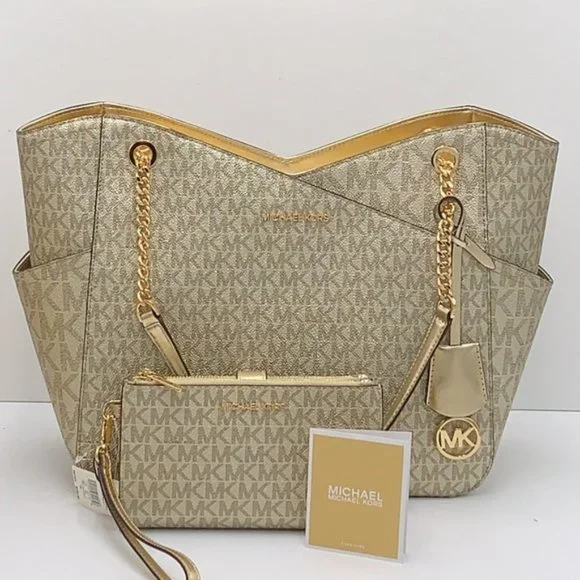 Michael Kors Large X Chain Sholder Tote & Large Double Zip Wallet Pale Gold - Picture 2 of 16